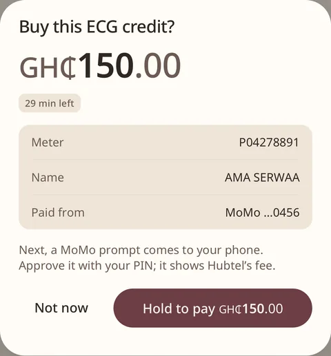 Payment approval screen for GH₵150 of ECG credit, with meter, MoMo source and Hold to pay control.