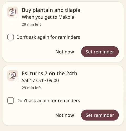 Chale’s iPhone app preparing a reminder for arriving at Makola and another for a birthday, with Set reminder controls.